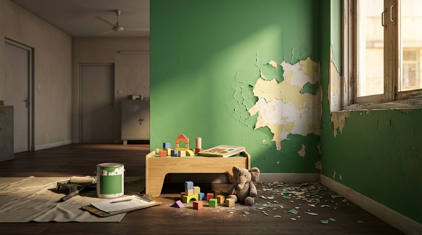 Peeling green paint, dust, and paint chips fill a rental apartment play area.