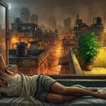 A tired sleeper rests beside an open window overlooking glowing city rooftops at night.