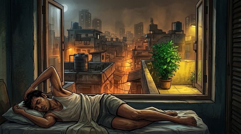 A tired sleeper rests beside an open window overlooking glowing city rooftops at night.