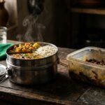 A steel tiffin with hot food beside a worn plastic container.