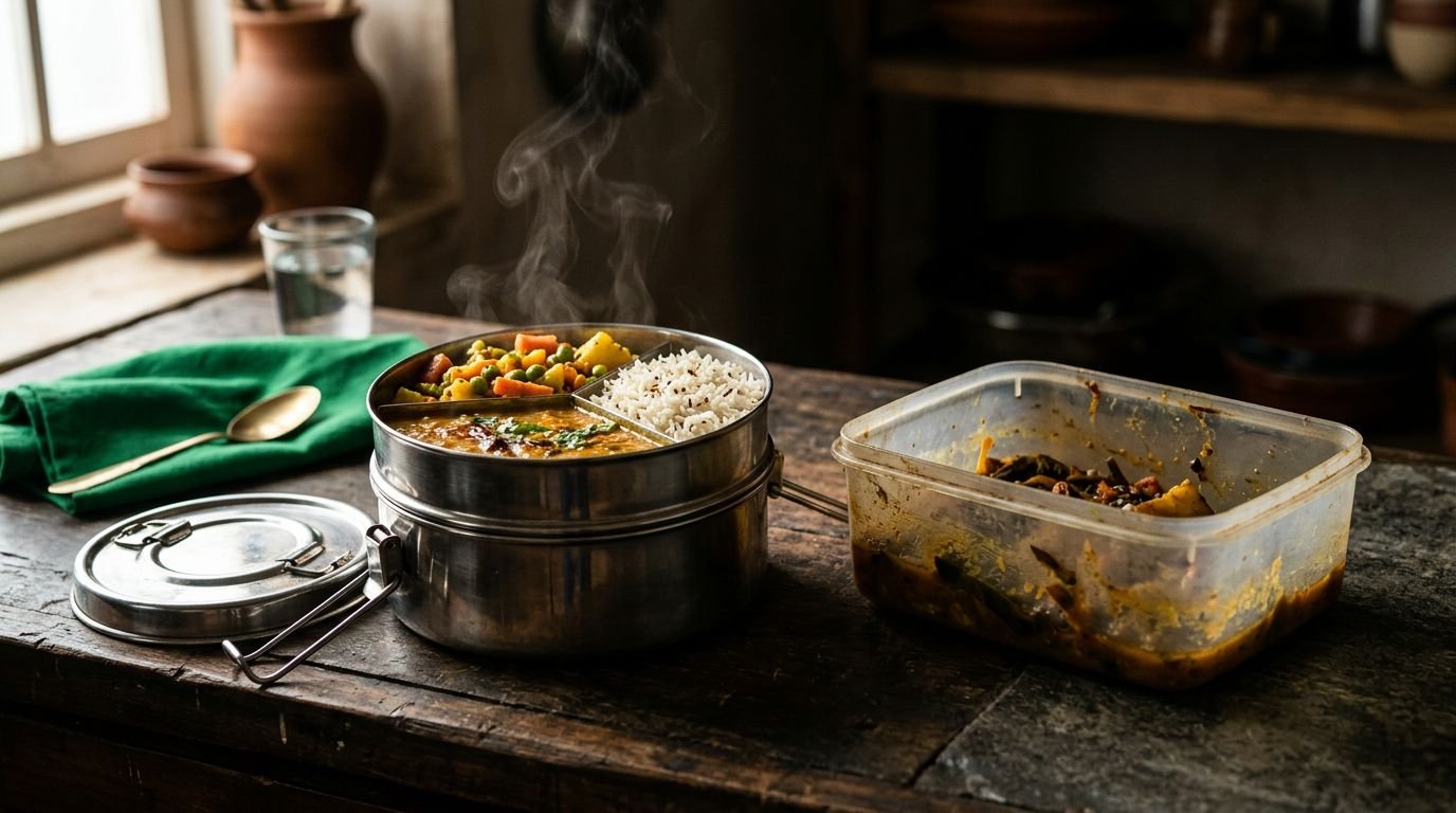 A steel tiffin with hot food beside a worn plastic container.