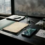 A pollution evidence file with a phone, documents, samples, and a map on a dark desk.