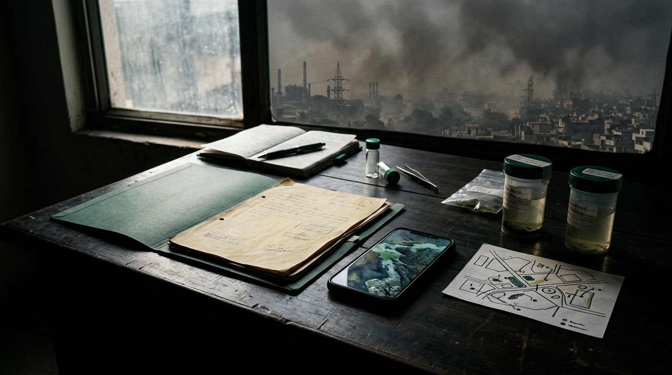 A pollution evidence file with a phone, documents, samples, and a map on a dark desk.