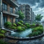 A planted rain garden collects water beside an Indian housing building during a monsoon storm.