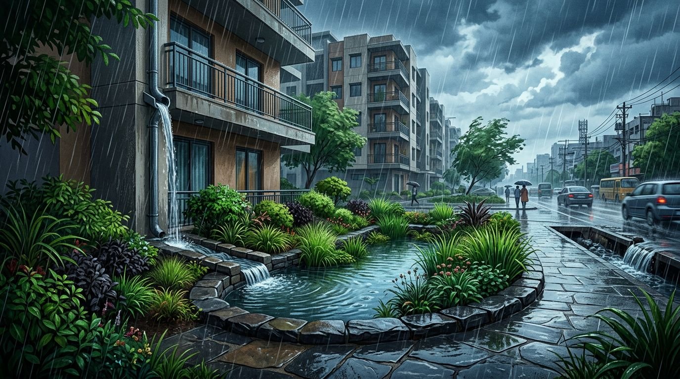 A planted rain garden collects water beside an Indian housing building during a monsoon storm.