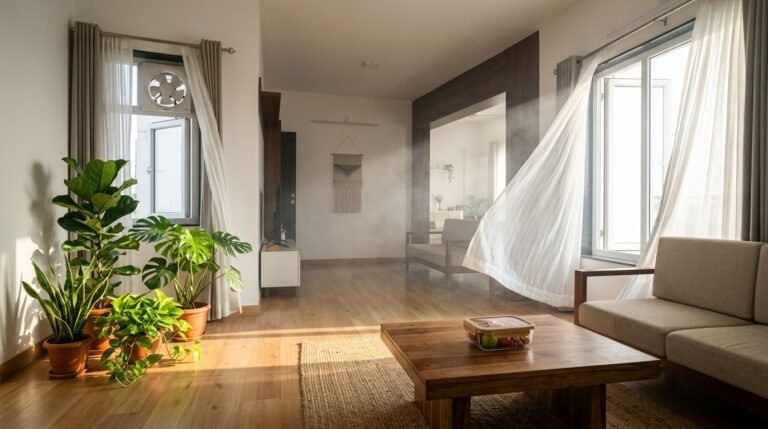 Open windows and an exhaust fan circulate fresh air through a sunlit living room.