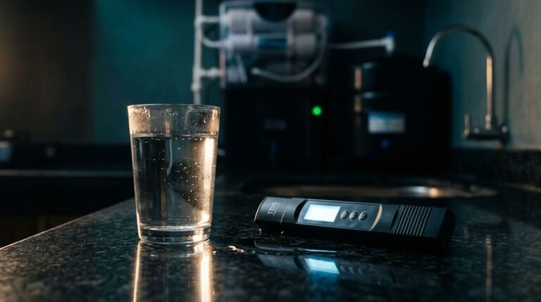 A glass of water beside a digital TDS meter on a dark kitchen counter.