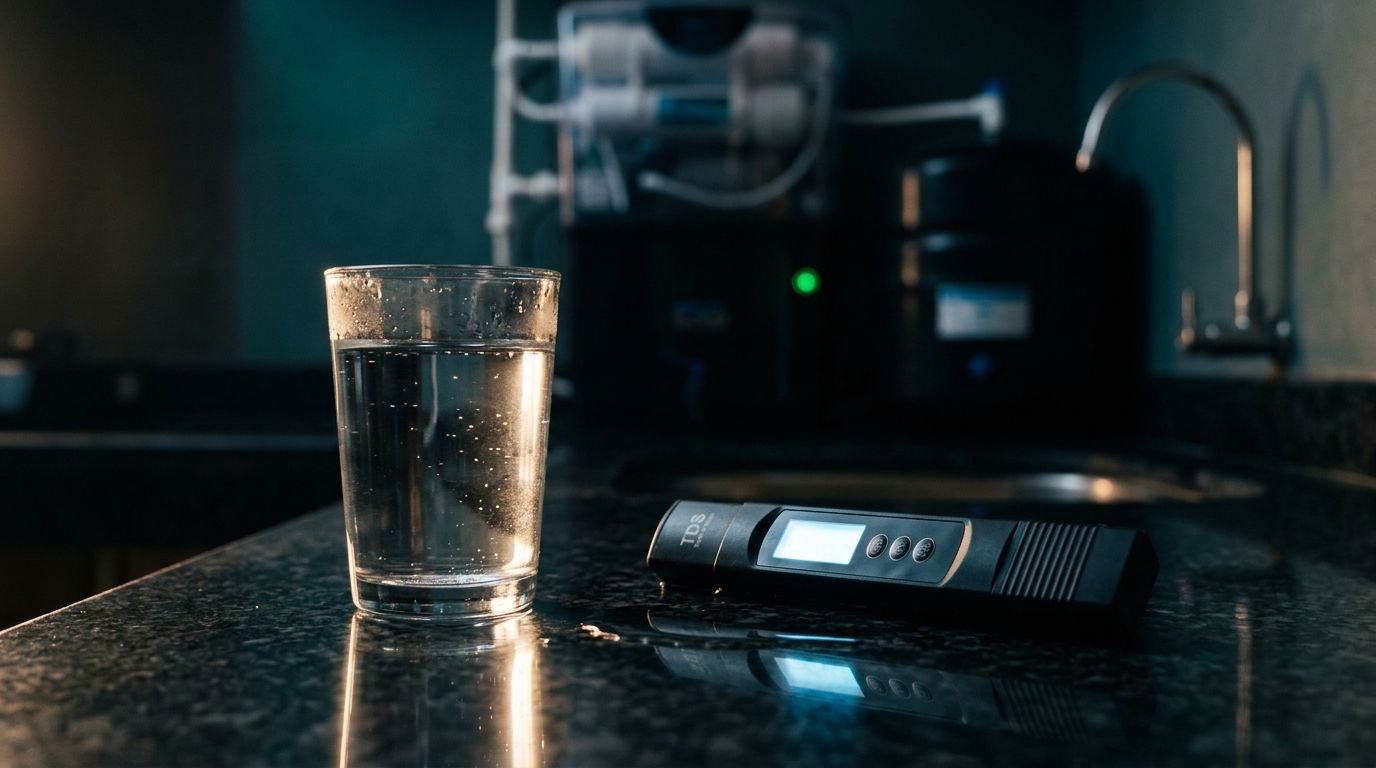 A glass of water beside a digital TDS meter on a dark kitchen counter.