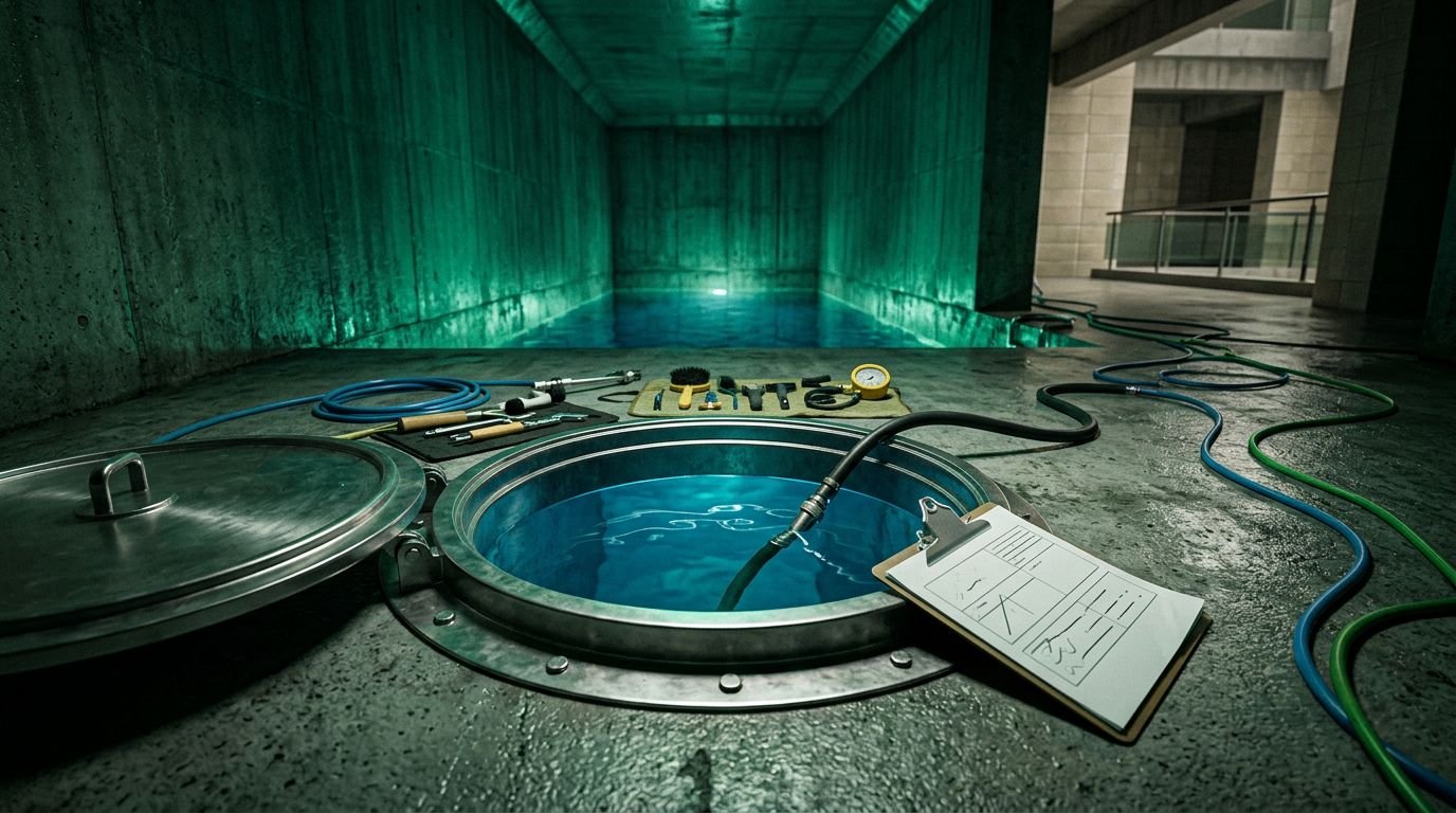 An open apartment water tank with blue water, hoses, tools, and a maintenance clipboard.