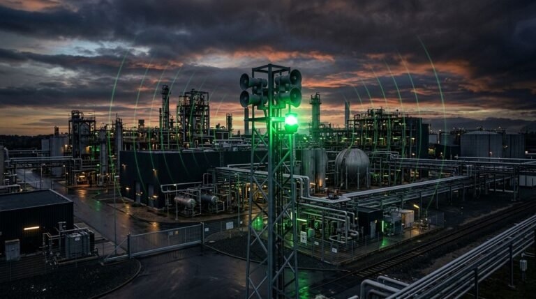 A chemical plant with an emergency siren tower and green lights across its facilities.