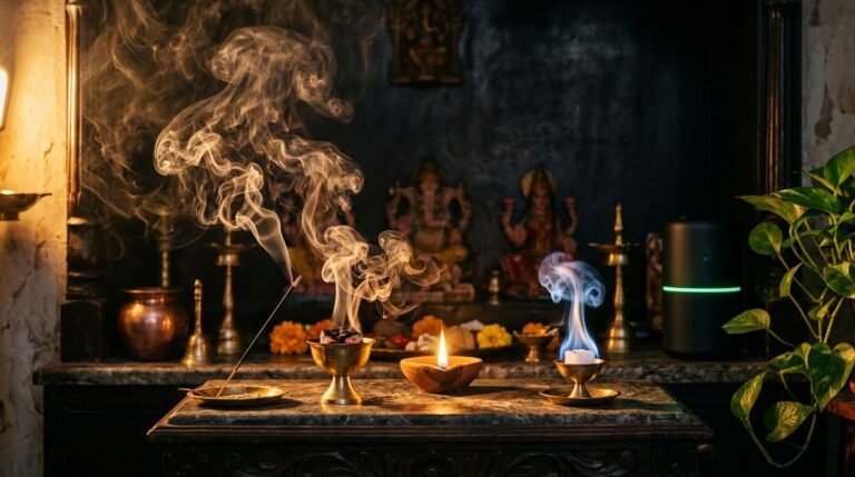 Incense, lamps, and thick smoke fill a small Indian puja room beside an air-quality sensor.