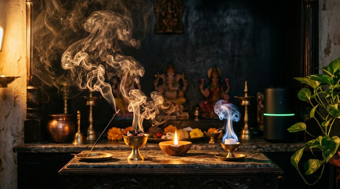 Incense, lamps, and thick smoke fill a small Indian puja room beside an air-quality sensor.