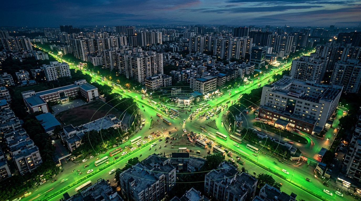 A busy Indian intersection with green noise zones spreading through nearby neighborhoods.