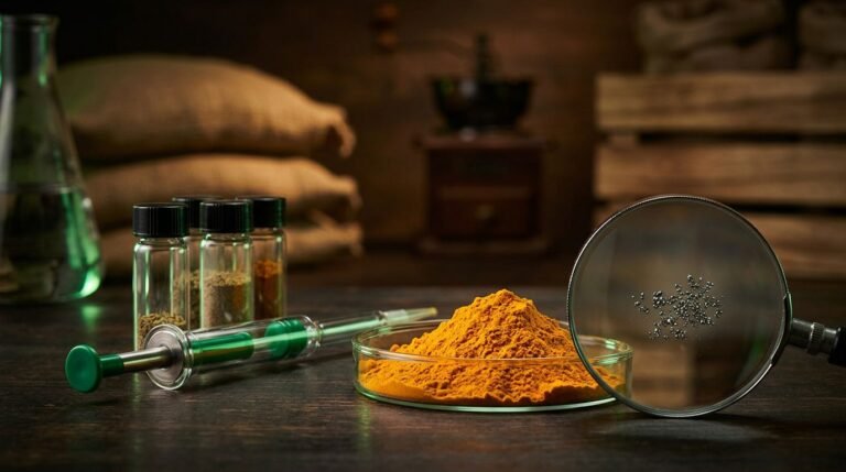 Turmeric, spice samples, and lab tools reveal metallic particles near blurred market sacks.