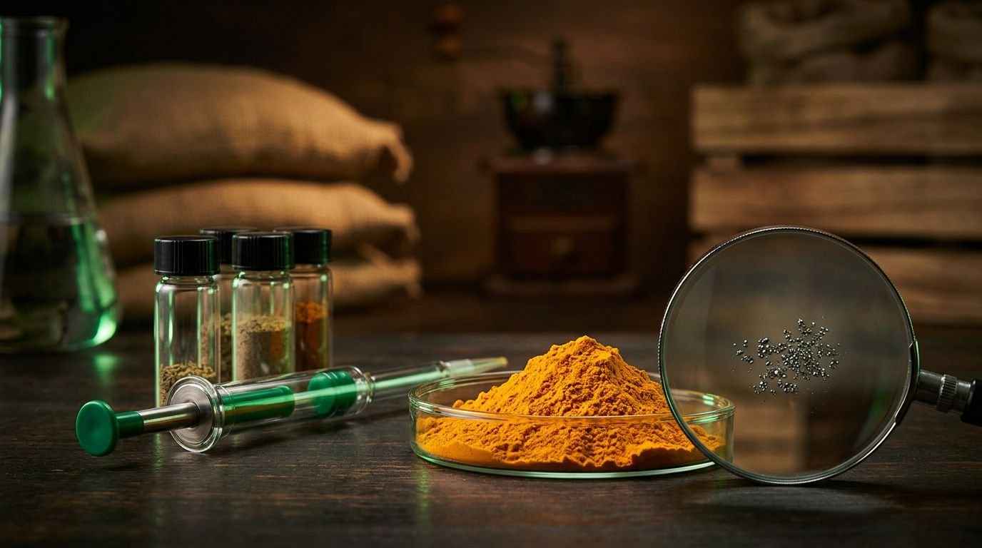 Turmeric, spice samples, and lab tools reveal metallic particles near blurred market sacks.