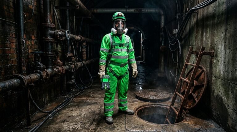 A protected sewer worker holds a glowing gas monitor beside an open manhole.