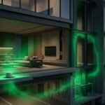 A green-glowing radon detector sits on a shelf inside a modern apartment tower.