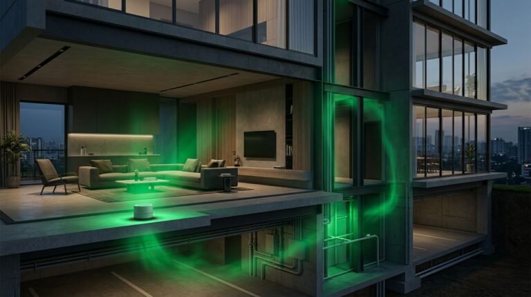 A green-glowing radon detector sits on a shelf inside a modern apartment tower.