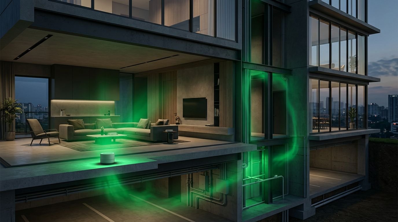 A green-glowing radon detector sits on a shelf inside a modern apartment tower.