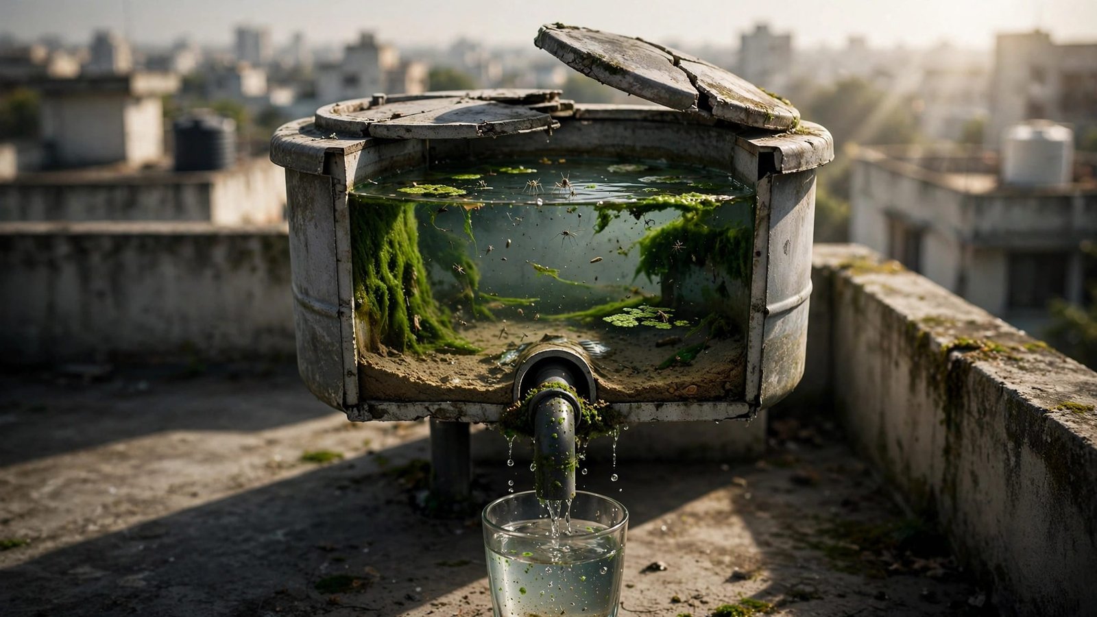 A cracked rooftop tank contains algae, sediment, and insects above a glass connected by a pipe.