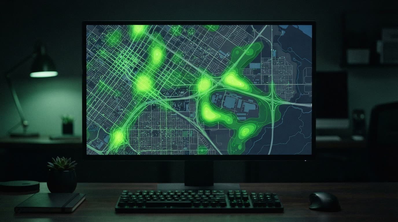 Monitor showing green noise zones across a city grid in a dark workspace.