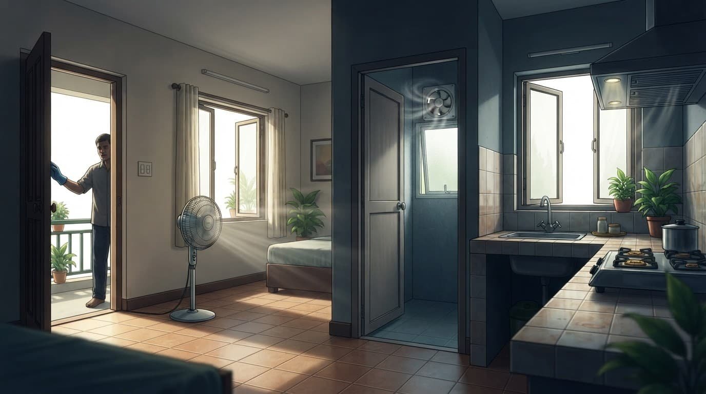 Open windows, exhaust fans, and a portable fan create airflow through an Indian home.