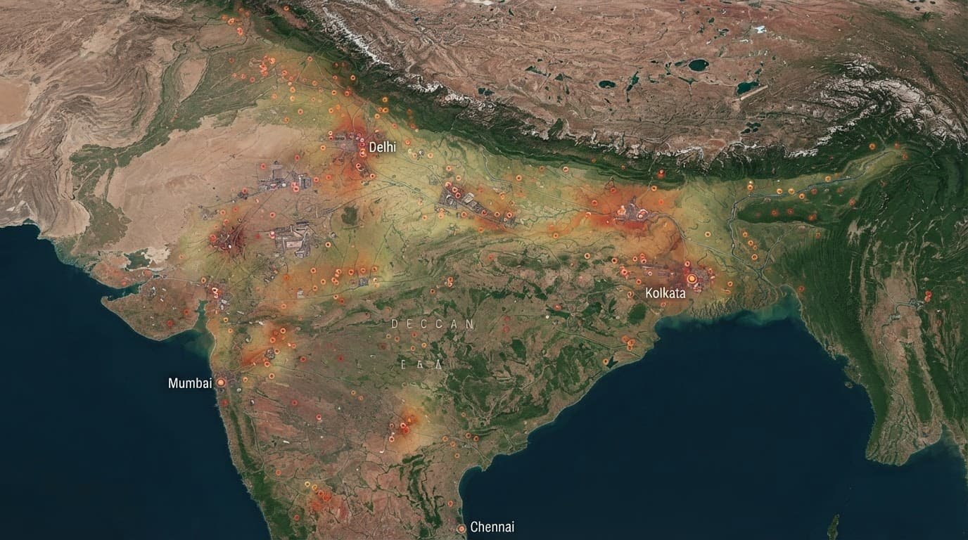 India map with soil sampling points and colored contamination-risk areas.