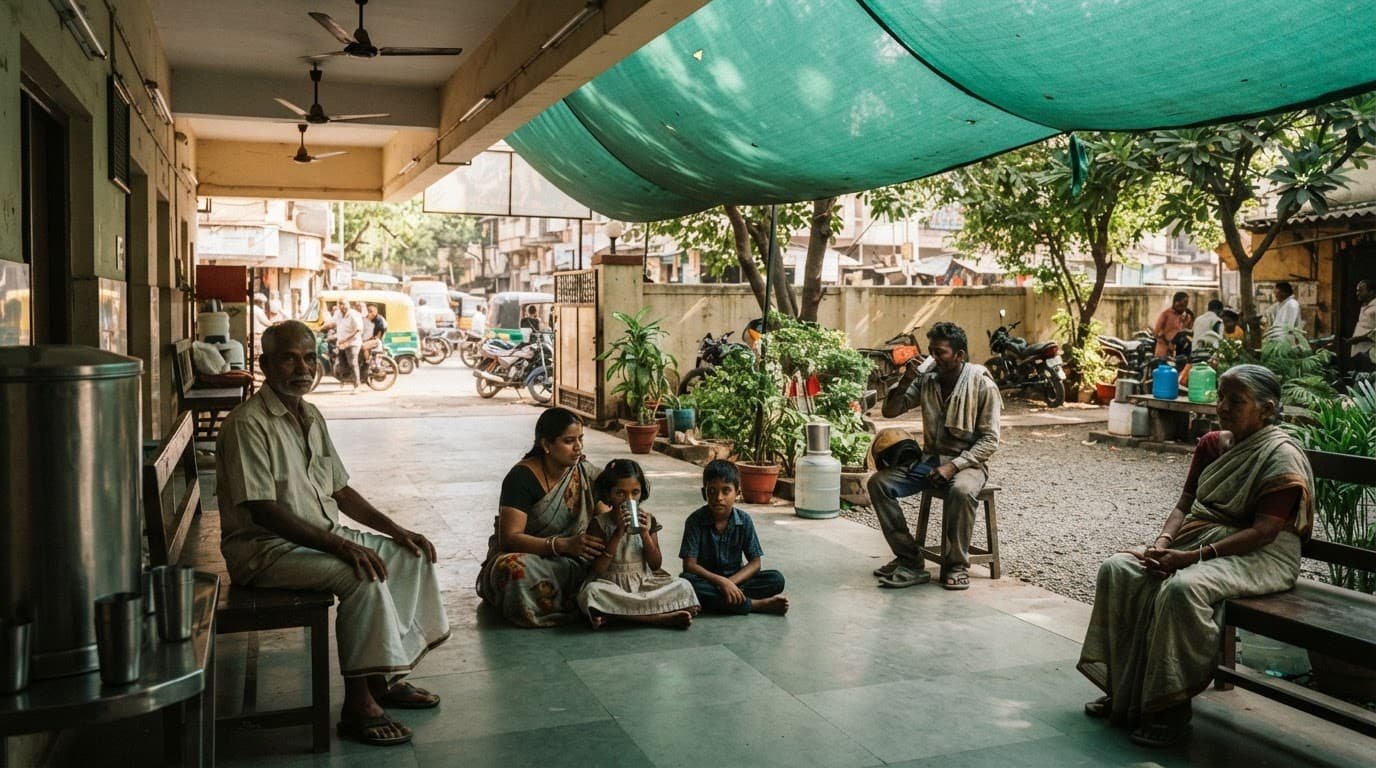 Illustration of an accessible Indian cooling shelter with shaded entrances, seating, water stations, and trees.
