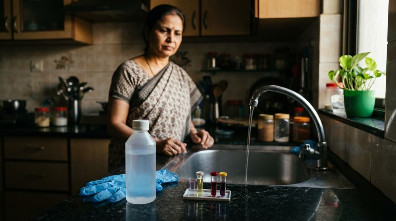 An Indian homeowner tests tap water beside a sample bottle and green testing kit.