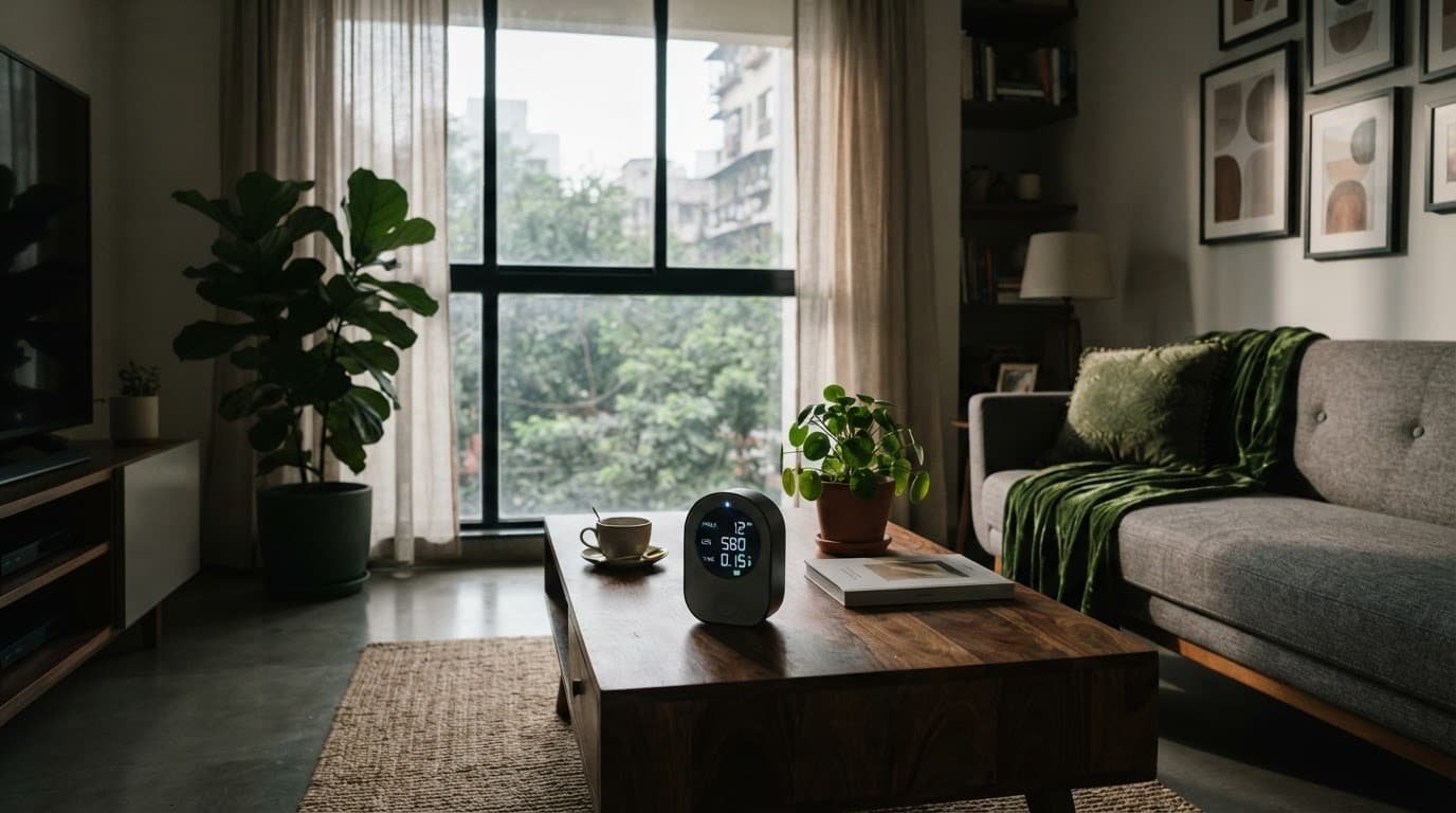 Digital air monitor on a wooden table in a modern living room.