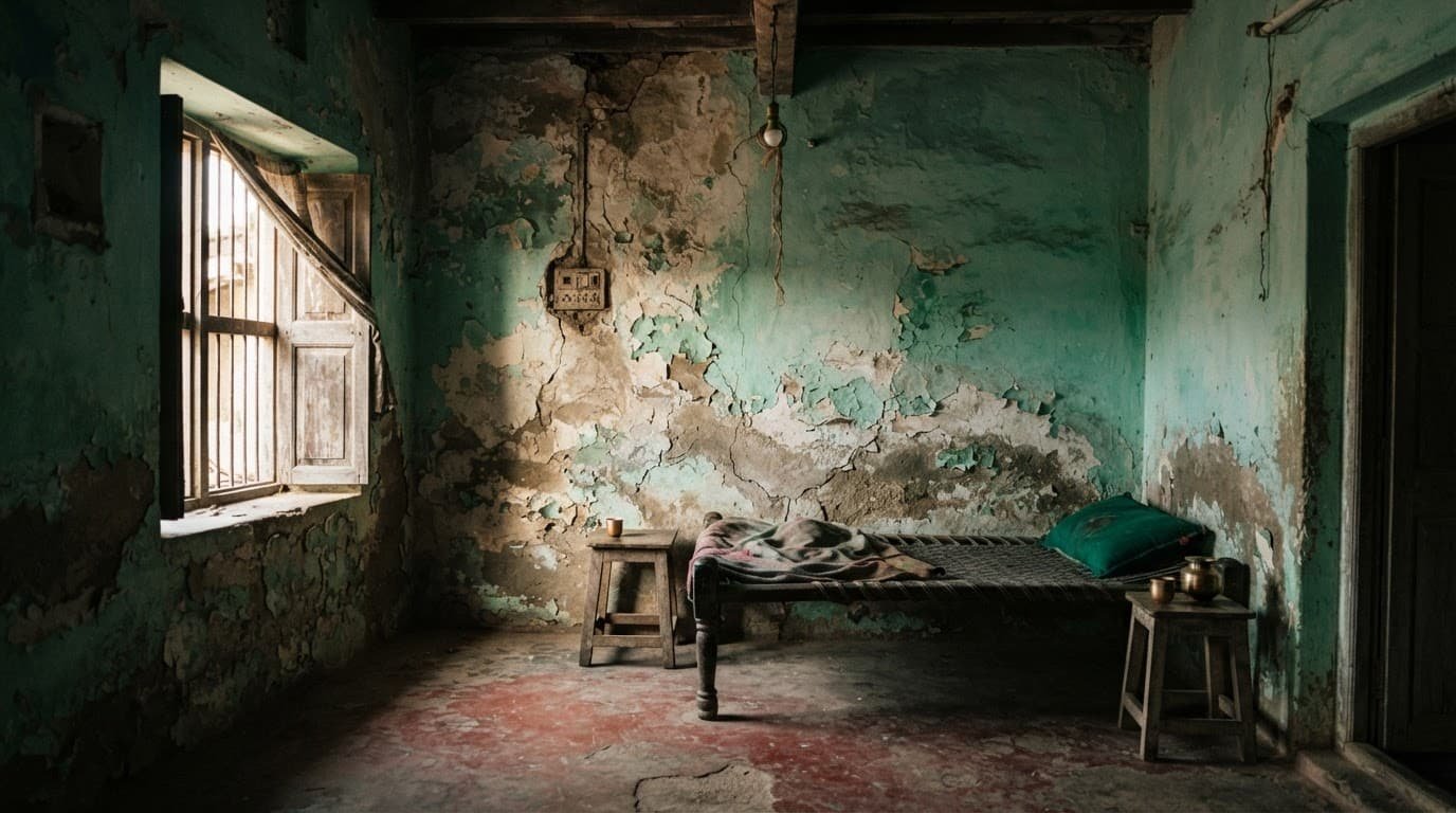 Living room with peeling wall paint, sparse decor, and a green accent.