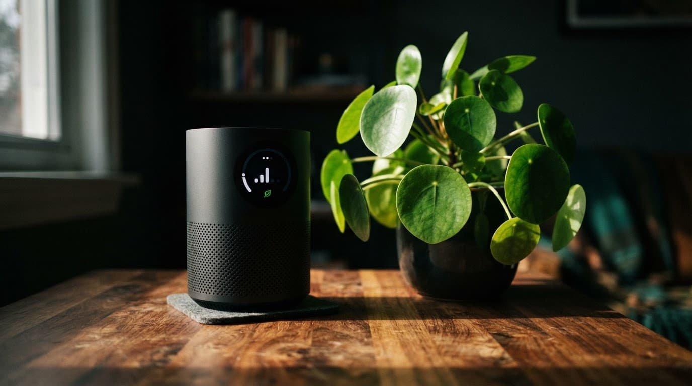 Air quality monitor beside a green houseplant on a wooden desk.
