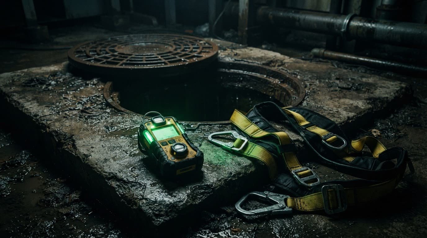 Gas detector and safety harness beside a drainage opening.