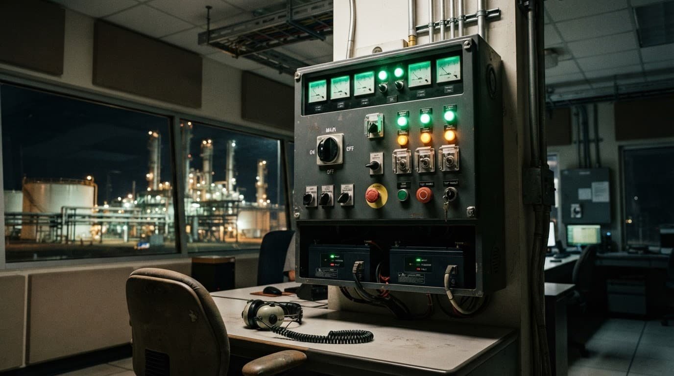 A green-lit emergency siren console with switches and battery backup units in a control room.