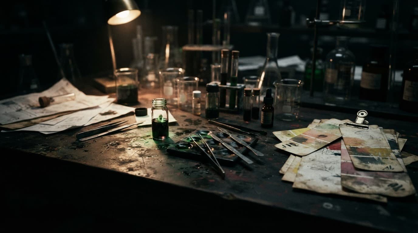 Paint swatches and testing tools arranged on a laboratory table with green accents.