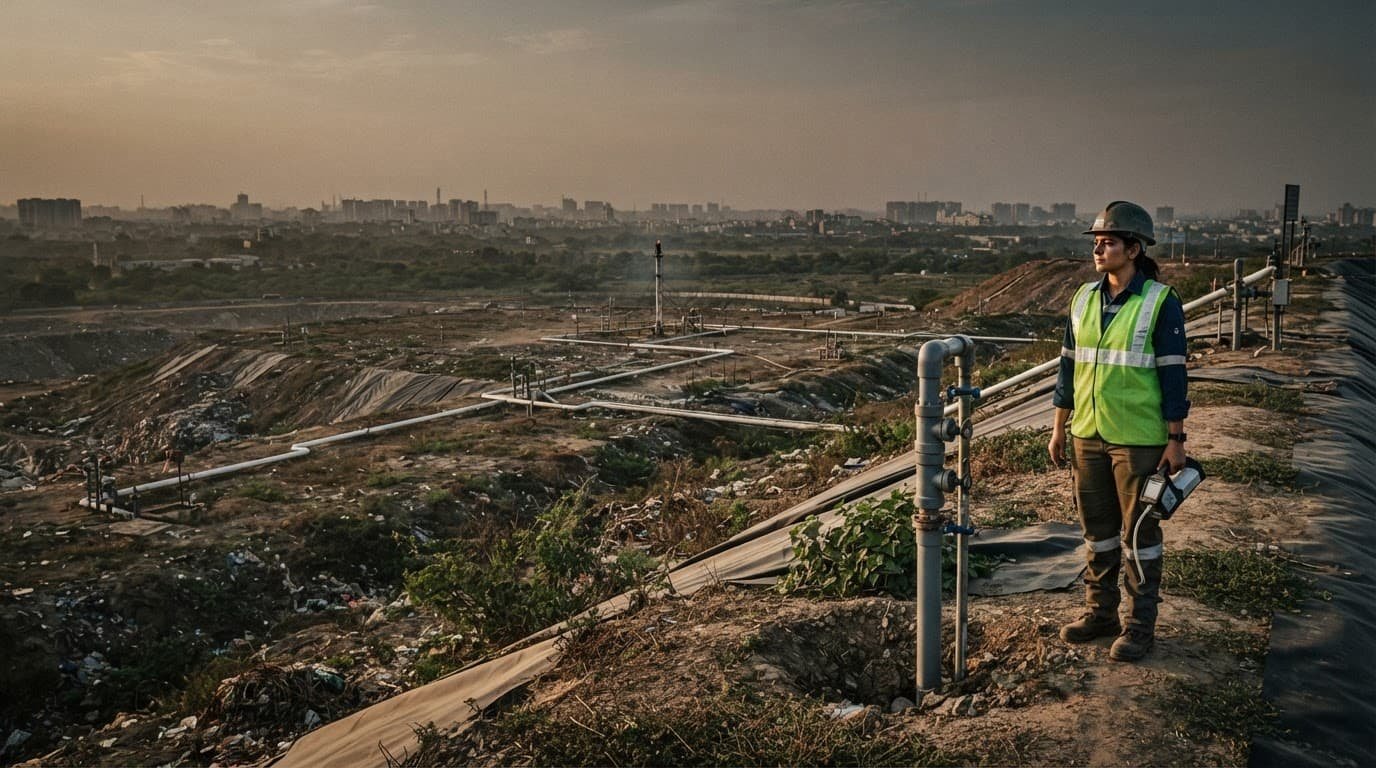A field scientist checks a gas detector beside a covered landfill with collection wells and a hazy city skyline.
