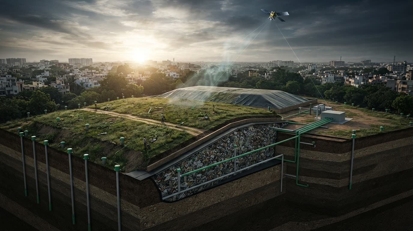 A covered landfill with monitoring wells, gas pipes, and a satellite tracking methane.