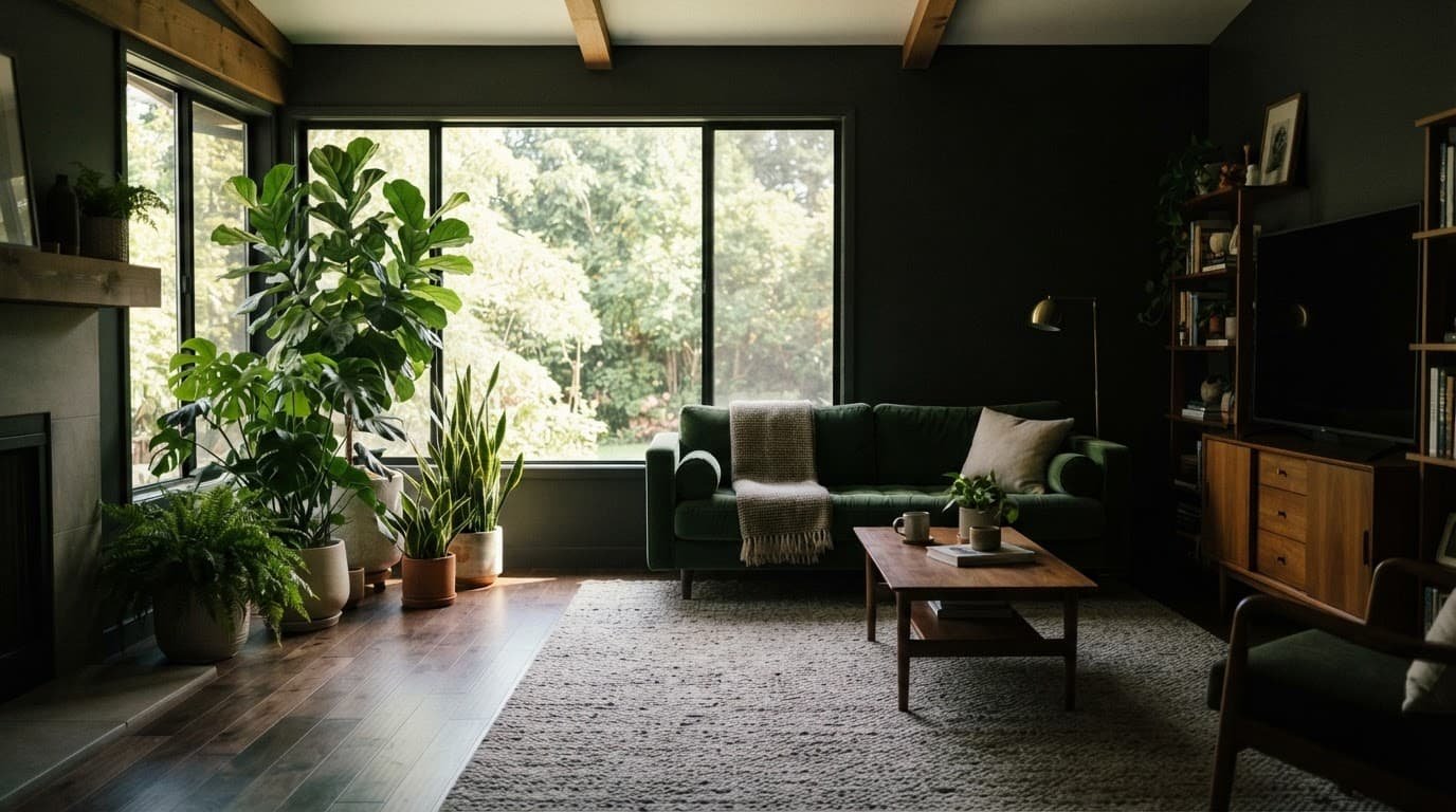 Modern living room with plants, a sofa, and sunlight through the window.