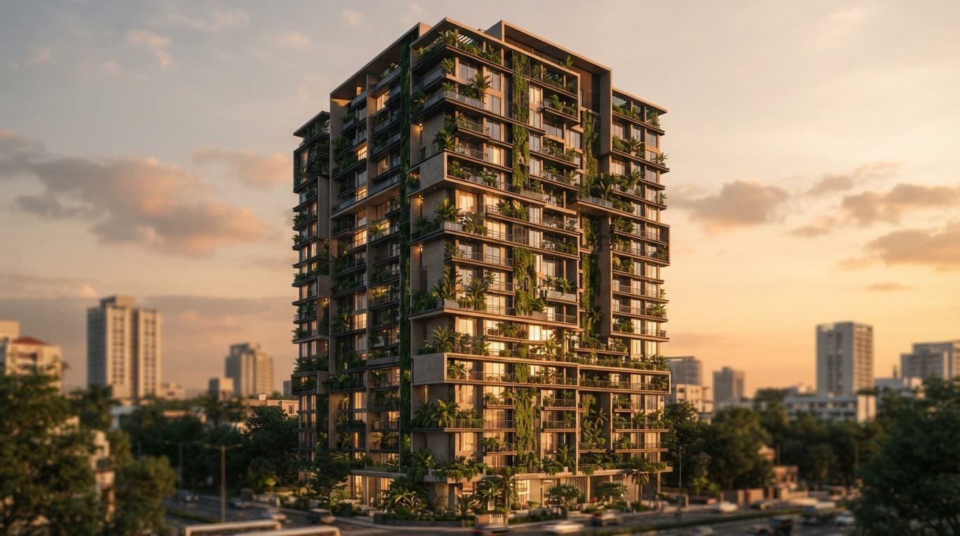 Modern Indian apartment tower with green accents glowing in golden-hour light.