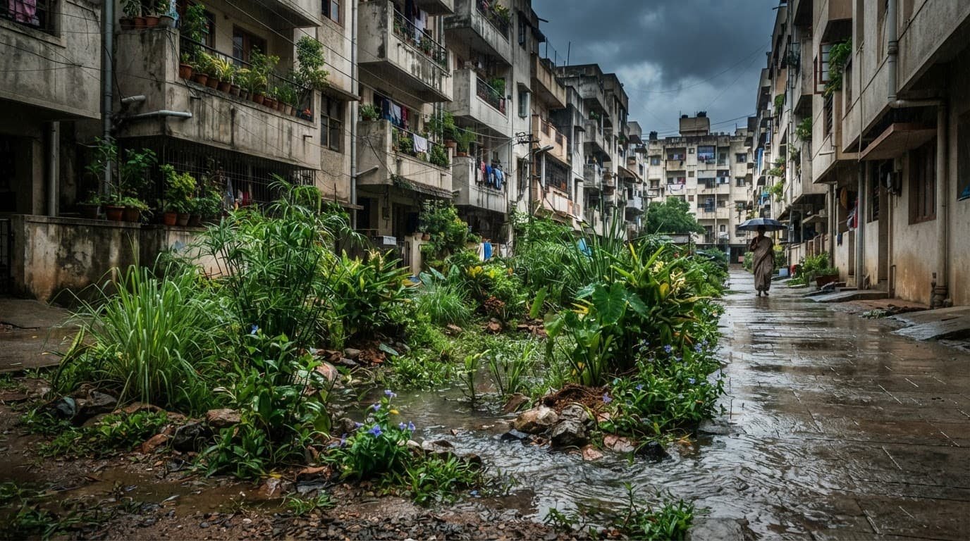 A planted rain garden collects shallow runoff beside Indian apartment buildings.