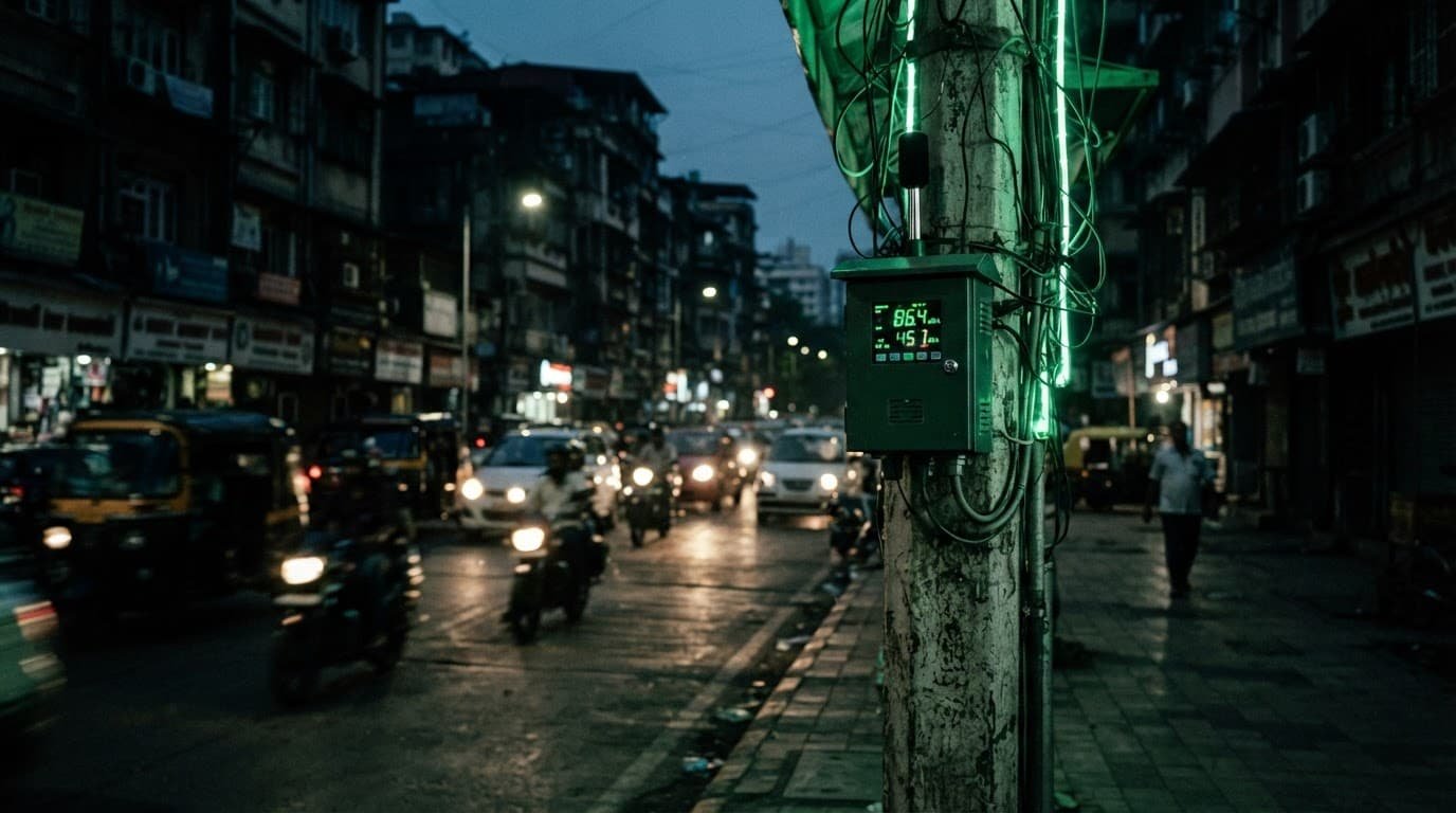 Sound sensor on a concrete pole beside blurred Mumbai traffic at dusk.