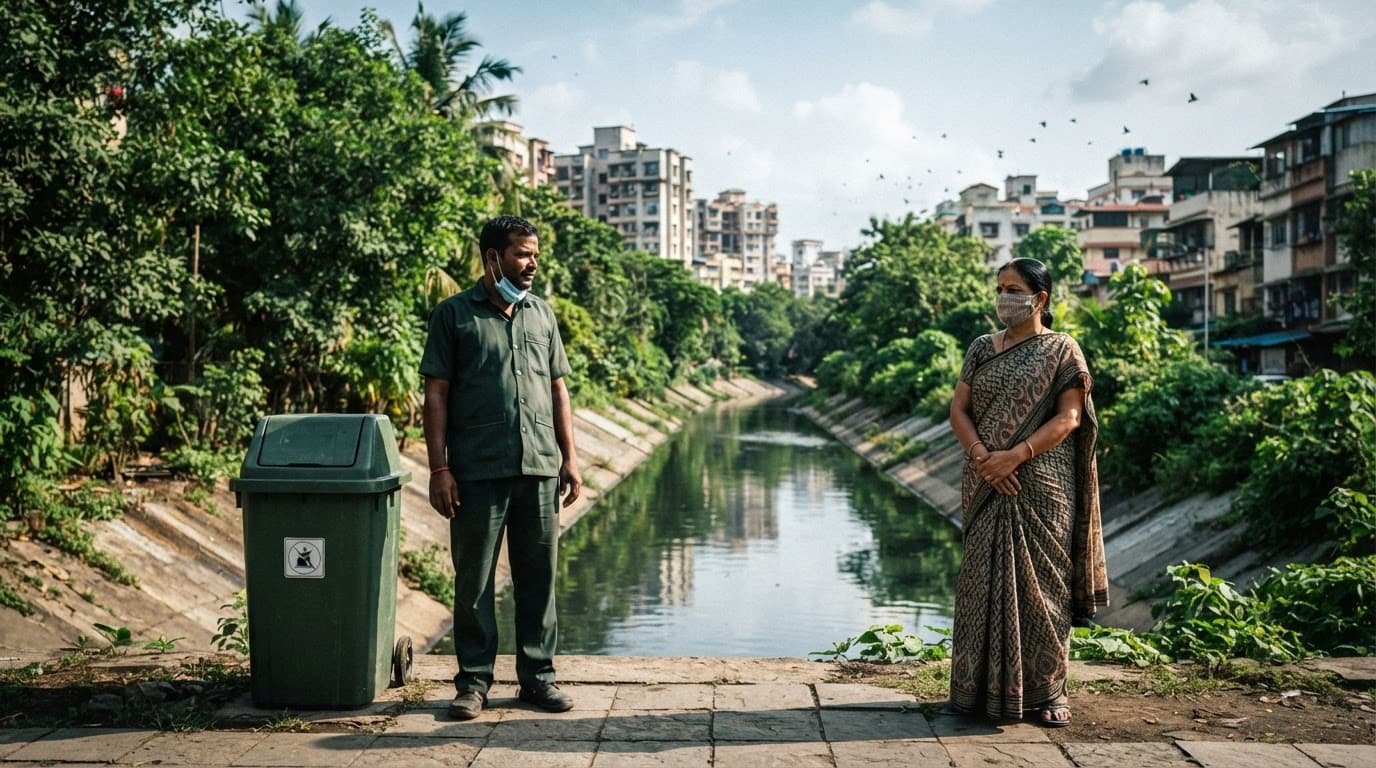 Two people stand near sealed medicine waste containers beside a clean drainage channel and trees.