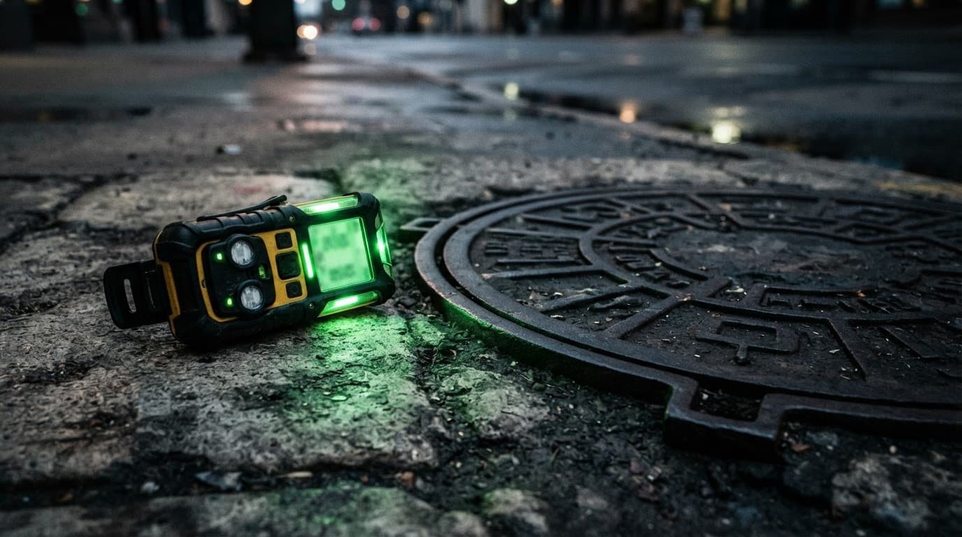 A gas detector rests on concrete beside a municipal manhole cover.