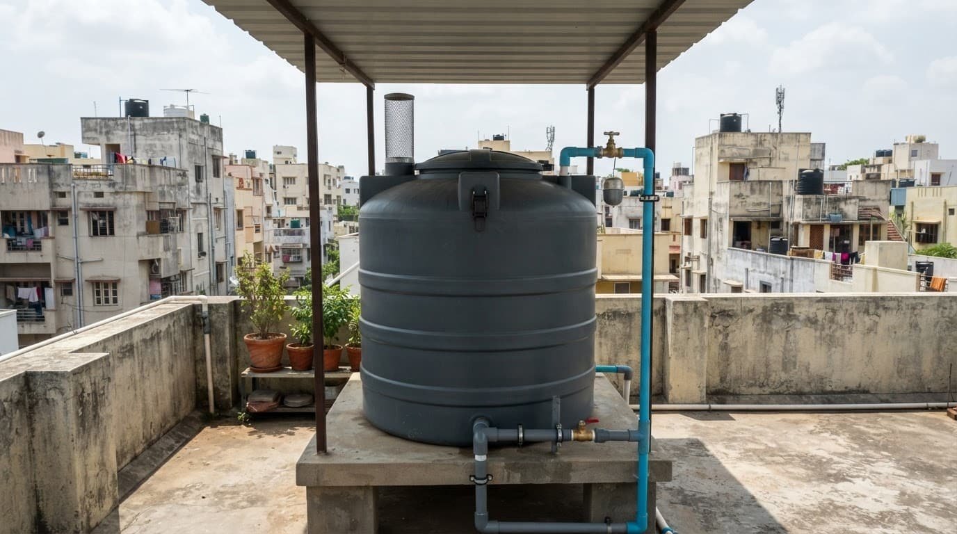 Covered rooftop water tank with screened vent and organized pipes beside apartment buildings.
