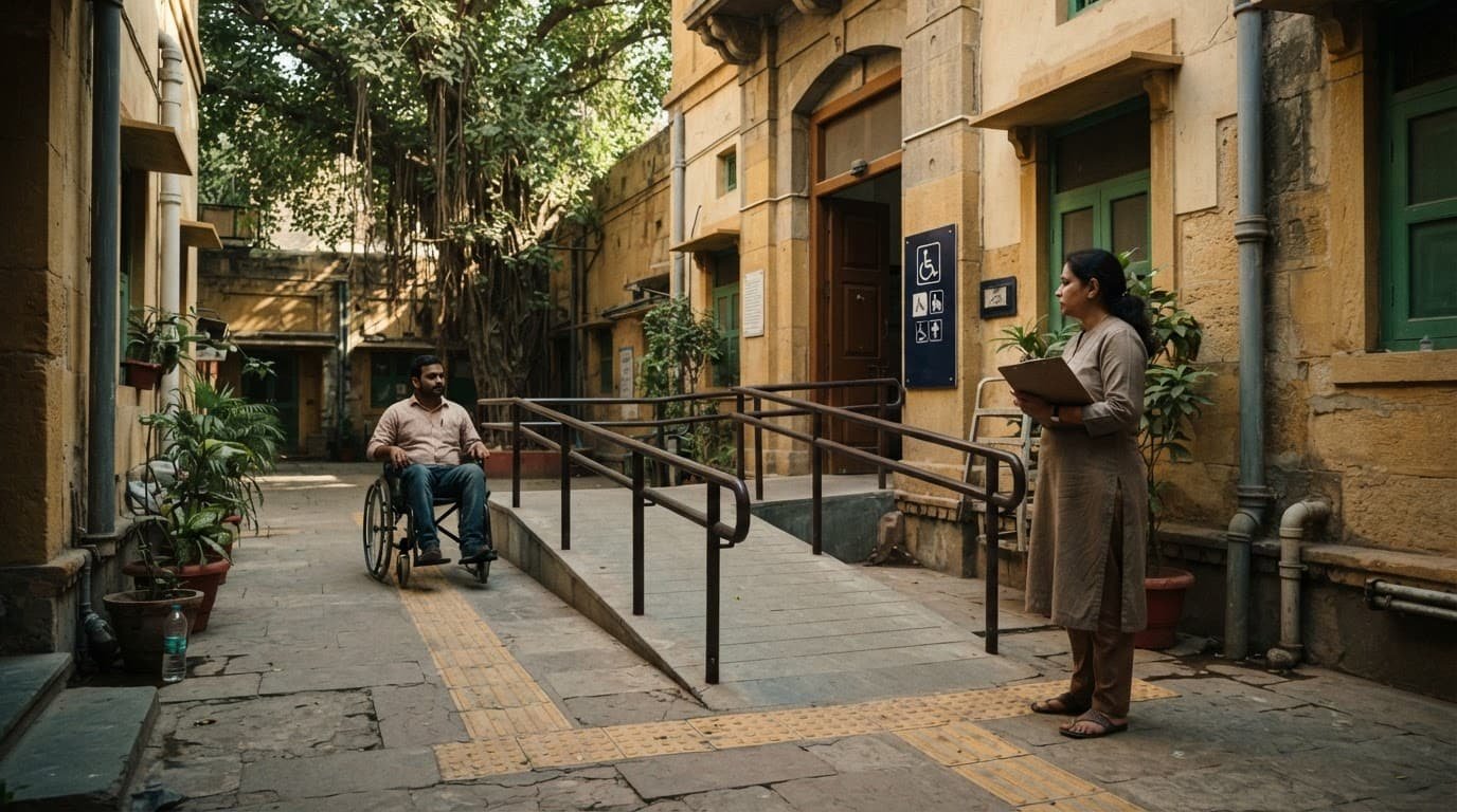 An auditor and wheelchair user beside a ramp at a public building entrance.