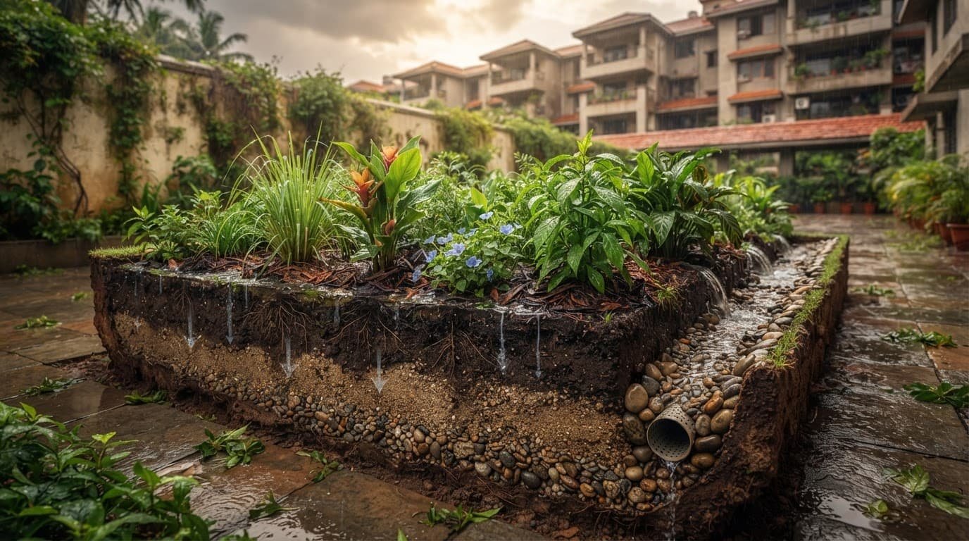 Cutaway rain garden showing plants, soil layers, gravel, and water soaking into the ground.