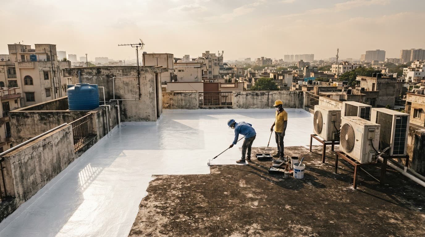 Two workers coat part of a rooftop white beside two air-conditioning units.