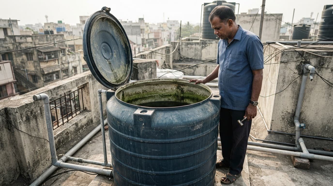 A worker inspects an open rooftop water tank with sediment and green film inside.