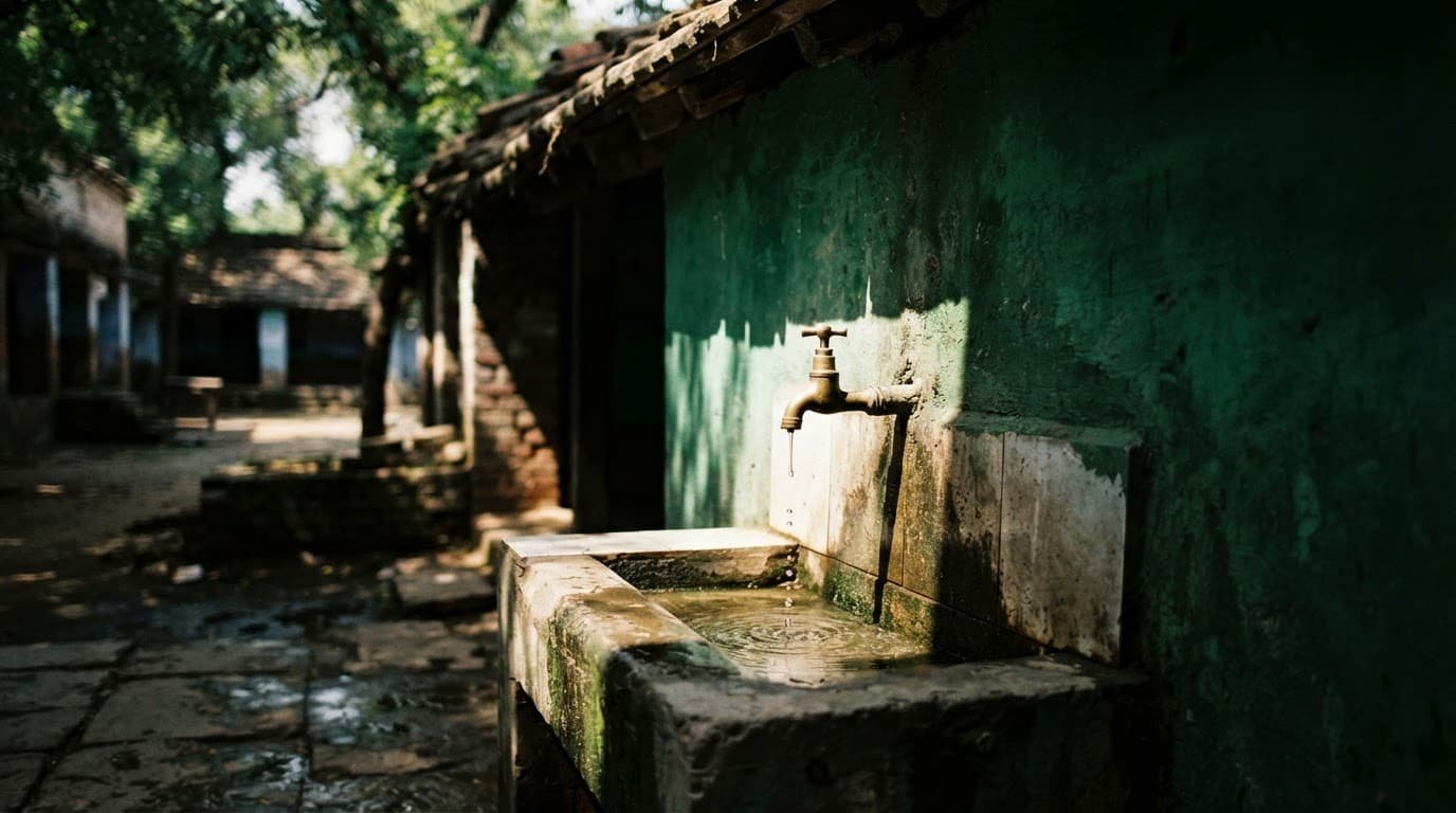 A lone tap on a rustic green school water station in India.