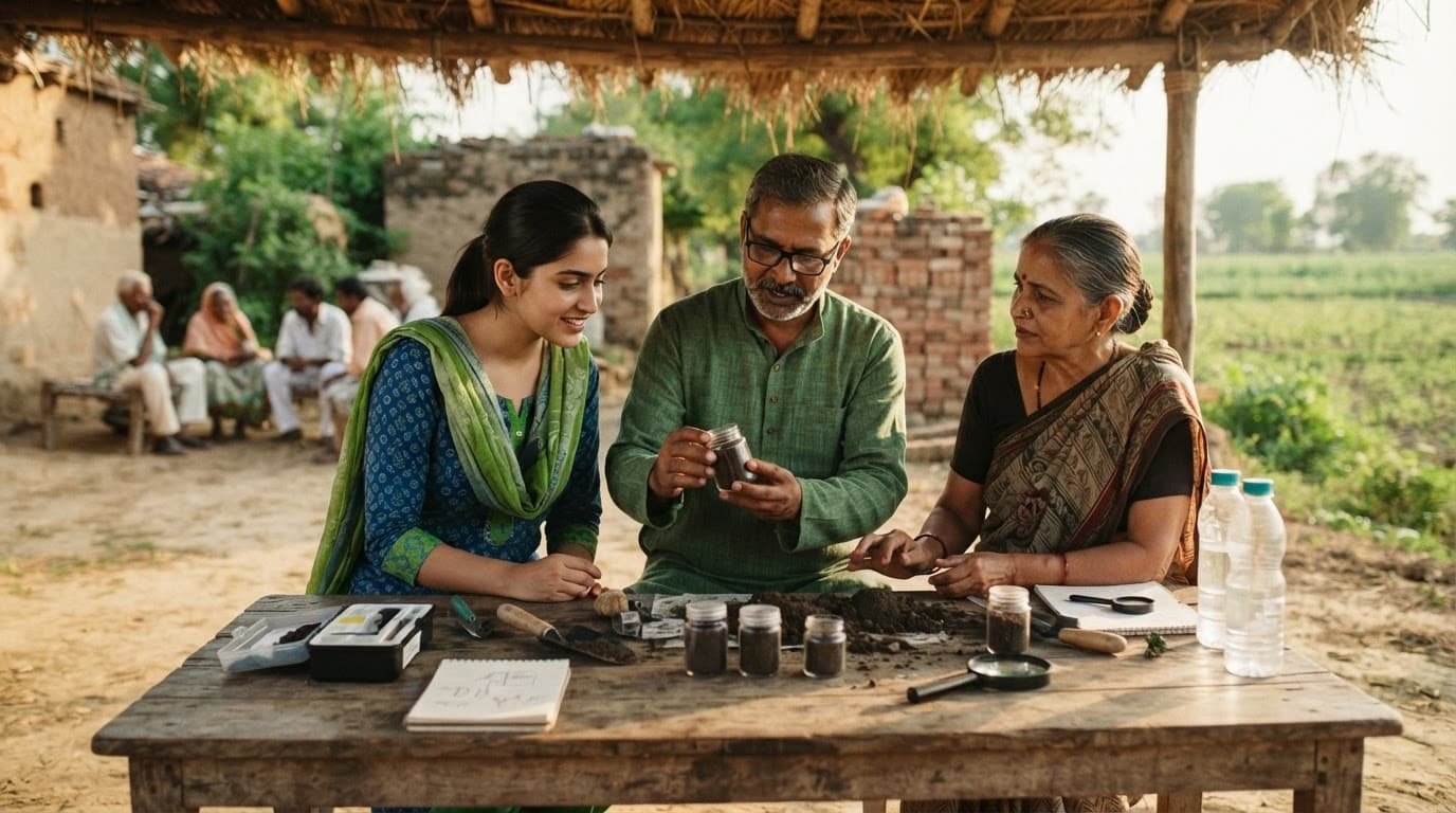 Three people examine soil samples around a table in a rural Indian workshop.
